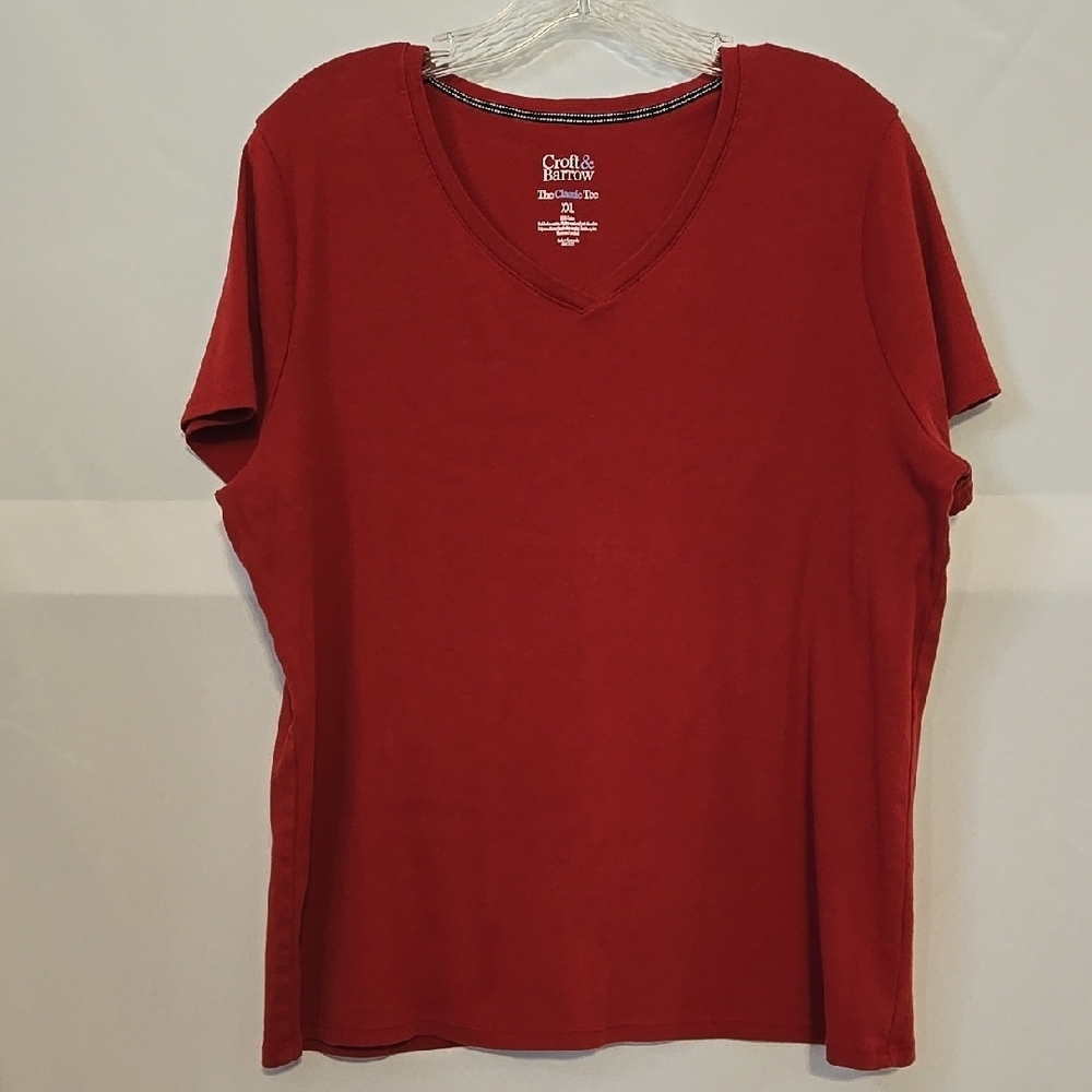 Croft & Barrow, Classic Tee, XXL, 100% Cotton, V-neck, Cap Sleeve, Brick Red